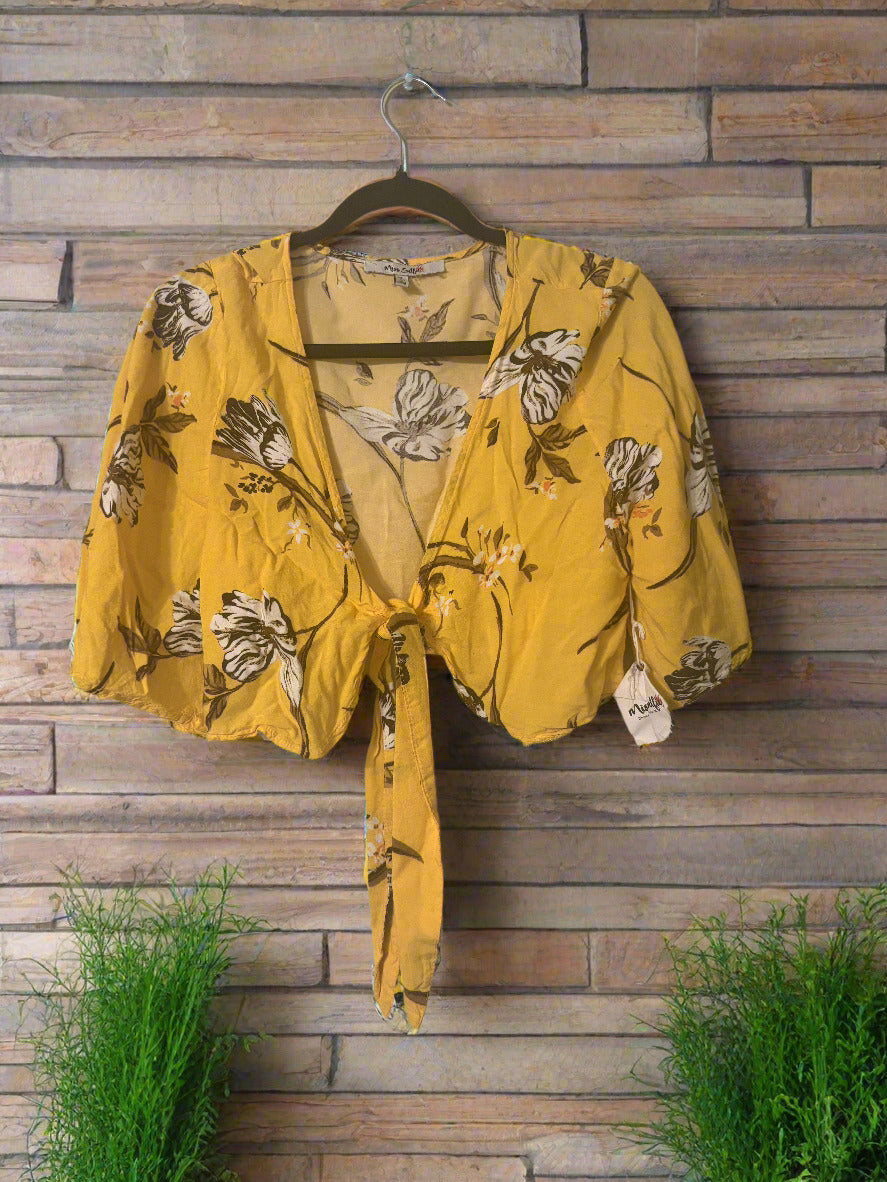 Yellow Floral Tie-Front Crop Top – Boho Summer Blouse with Puff Sleeves & Adjustable Front| Size XL