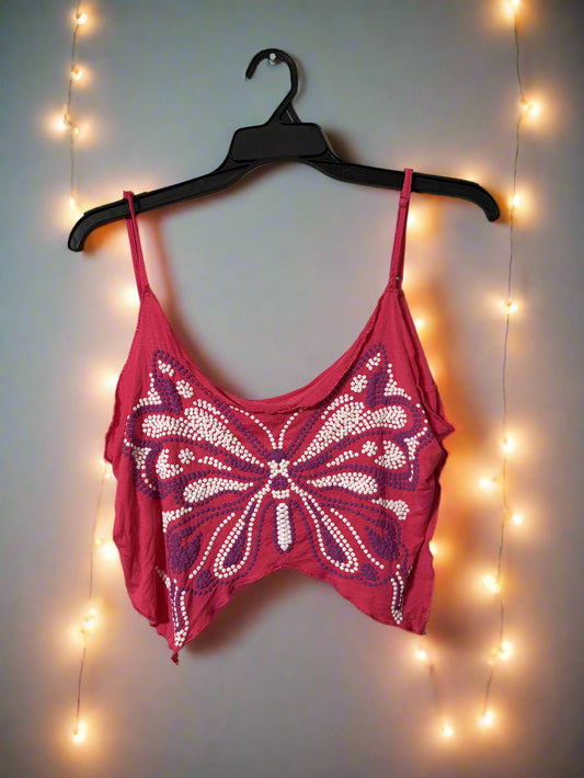 Pink Butterfly Crop Top – Y2K Aesthetic Summer Streetwear